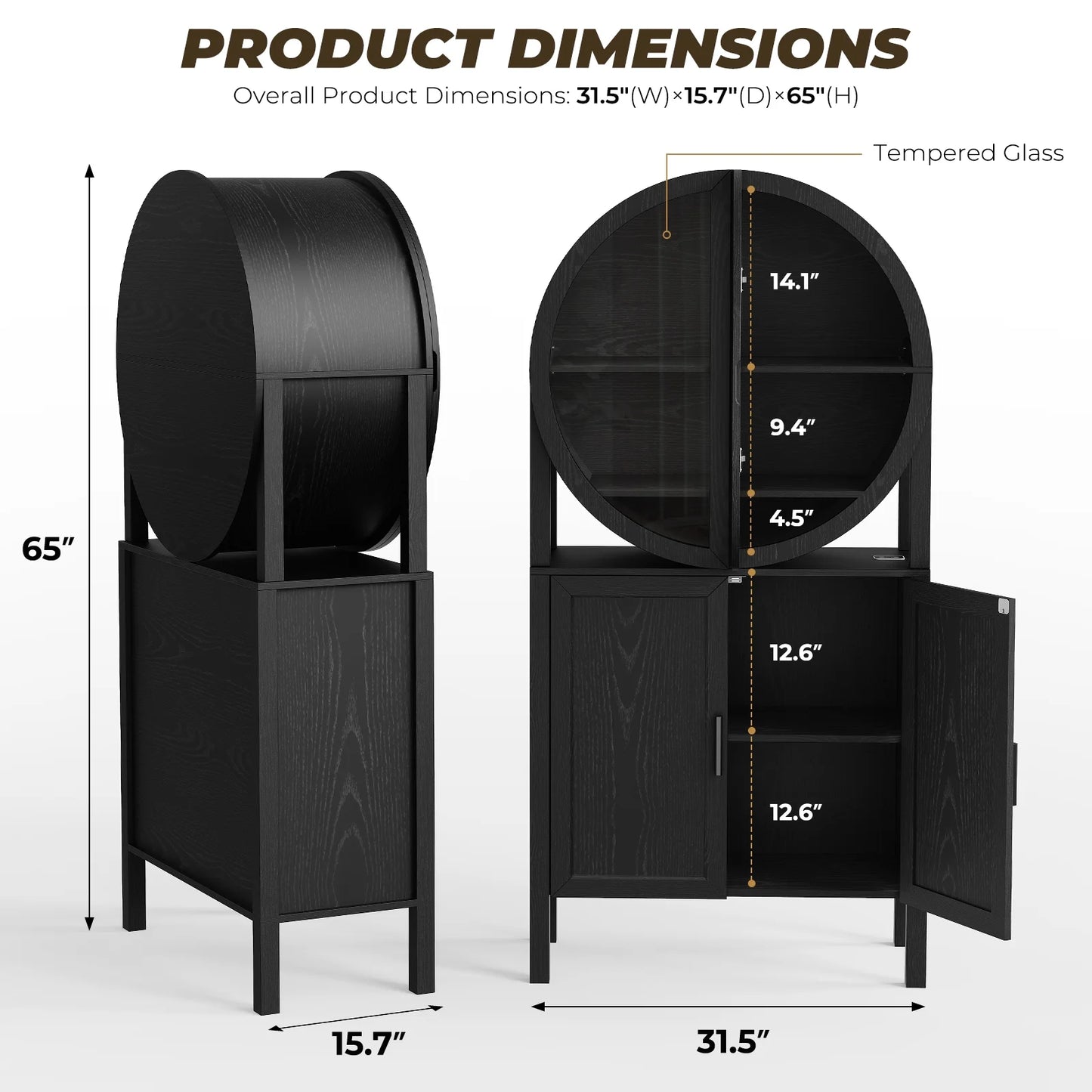 BROTTAR 65" Tall Rounded Wine Bar Cabinet with LED Lights, Storage Cabinet with Glass Doors & Shelves, Modern Liquor Coffee Bar Cabinet with Human Body Sensor for Kitchen, Living Room, Black