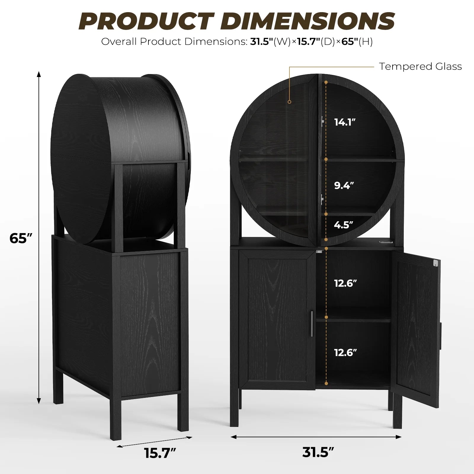 BROTTAR 65" Tall Rounded Wine Bar Cabinet with LED Lights, Storage Cabinet with Glass Doors & Shelves, Modern Liquor Coffee Bar Cabinet with Human Body Sensor for Kitchen, Living Room, Black
