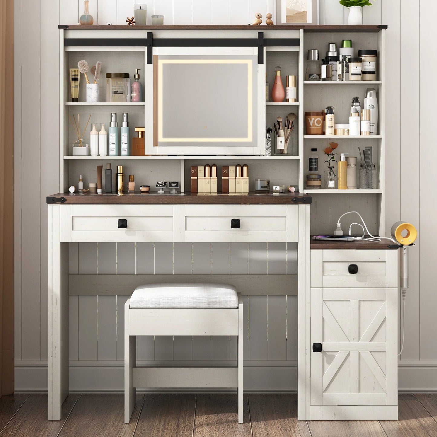 Blotout 47.2" Farmhouse Rustic Makeup Vanity Desk with Sliding Mirror and Lights, Glass Top Vanity Set with Charging Station & 3 Drawers & 1 Cabinet & Stool, Big Vanity (White)