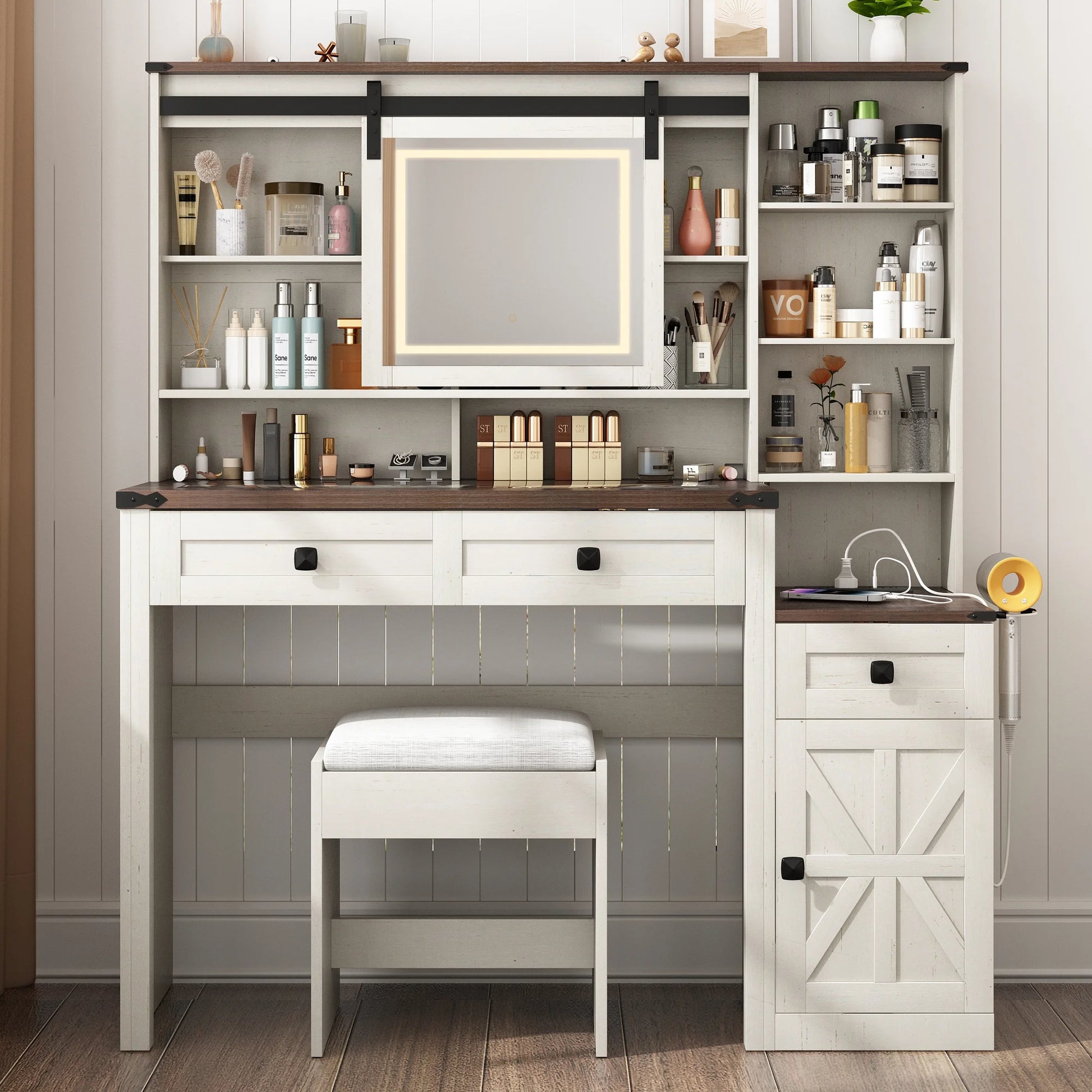 Blotout 47.2" Farmhouse Rustic Makeup Vanity Desk with Sliding Mirror and Lights, Glass Top Vanity Set with Charging Station & 3 Drawers & 1 Cabinet & Stool, Big Vanity (White)