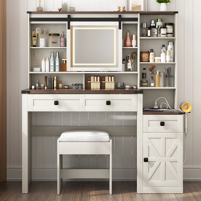 Blotout 47.2" Farmhouse Rustic Makeup Vanity Desk with Sliding Mirror and Lights, Glass Top Vanity Set with Charging Station & 3 Drawers & 1 Cabinet & Stool, Big Vanity (White)