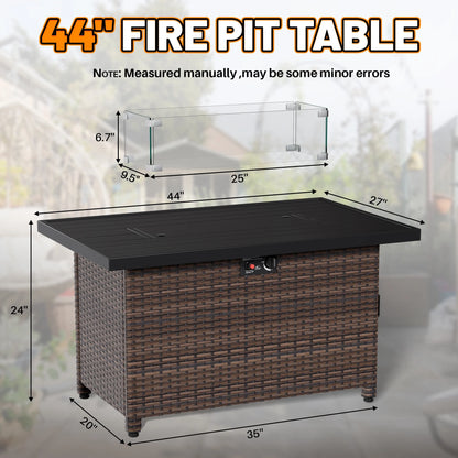 44 Inch Outdoor Wicker Fire Pit Table, 50000 BTU Propane Fire Pits with Glass Wind Guard and Lid, Patio Gas Fire Pit for Outside Patio and Garden(Brown)