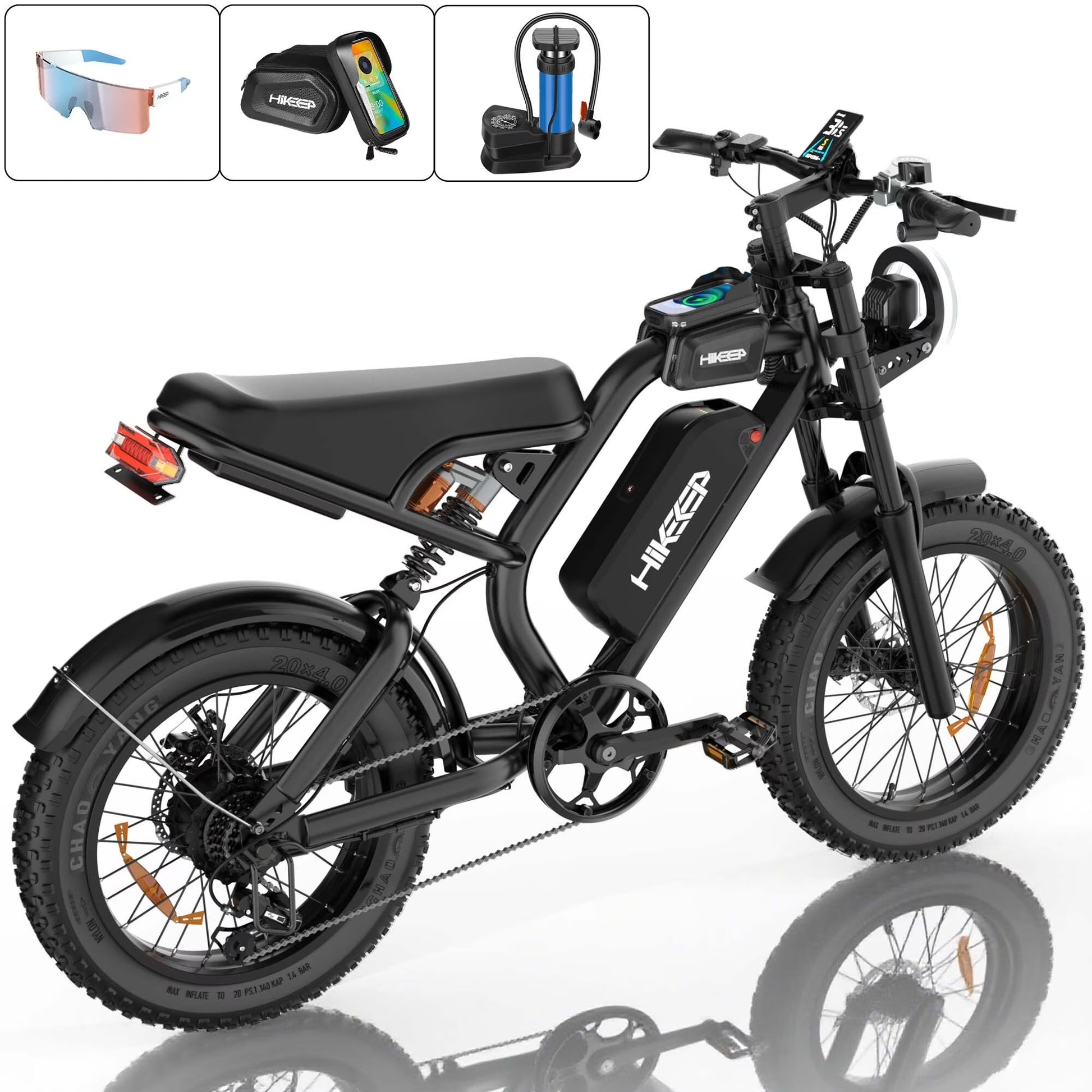 HiKeep 1500W Peak Electric Bike, 20" Fat Tire Ebike, 48V 15Ah Battery, E-Mountain Bike, w/Bag, Pump & Glasses