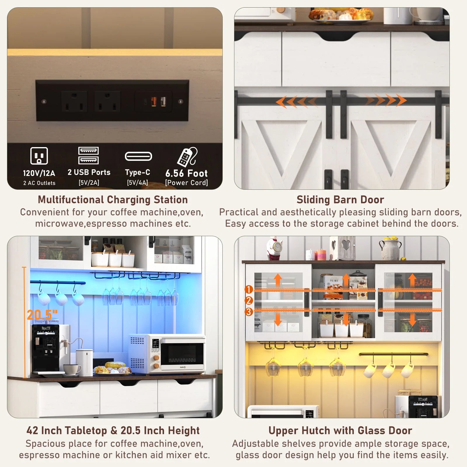 72" Tall Kitchen Pantry with LED Light & Power Outlet & Wine Rack, Large Pantry Hutch Cabinet with Sliding Barn Door & Glass Doors & 4 Drawers