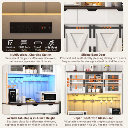 72" Tall Kitchen Pantry with LED Light & Power Outlet & Wine Rack, Large Pantry Hutch Cabinet with Sliding Barn Door & Glass Doors & 4 Drawers