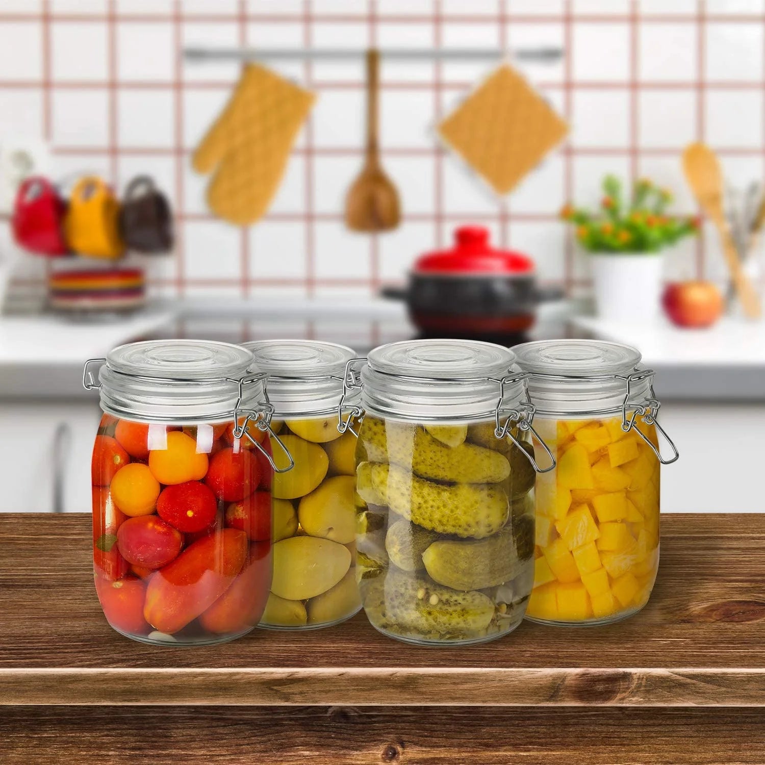 4 Pack Wide Mouth Mason Jars - 34 OZ Airtight Glass Canning Jars with Leak Proof Rubber Gasket and Clip Top Lids, Perfect for Storing Coffee, Sugar, Flour or Sweets