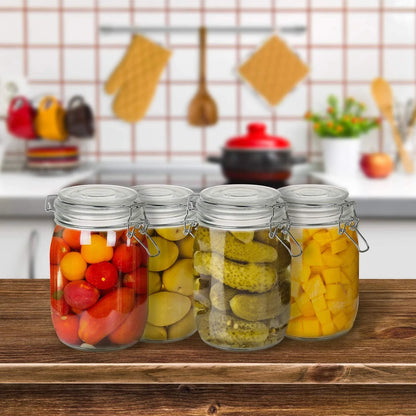 4 Pack Wide Mouth Mason Jars - 34 OZ Airtight Glass Canning Jars with Leak Proof Rubber Gasket and Clip Top Lids, Perfect for Storing Coffee, Sugar, Flour or Sweets