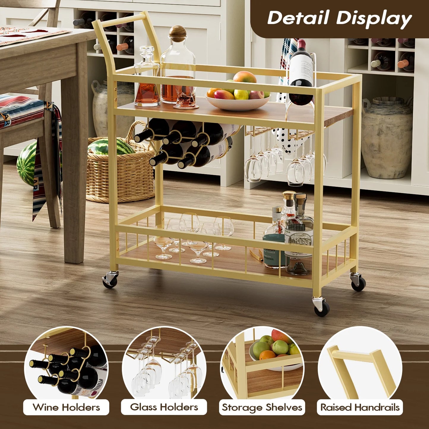 Vineego Bar Cart Home Industrial Mobile Bar Cart Serving Wine Cart on Wheels with Wine Rack and Glass Holder 2 Wood Storage Shelves for Living Room, Kitchen, Party (Gold)