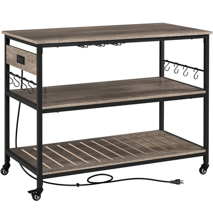 Topeakmart 3-Tier Rolling Kitchen Cart with Glass Holder and Power Outlets for Kitchen, Taupe Wood