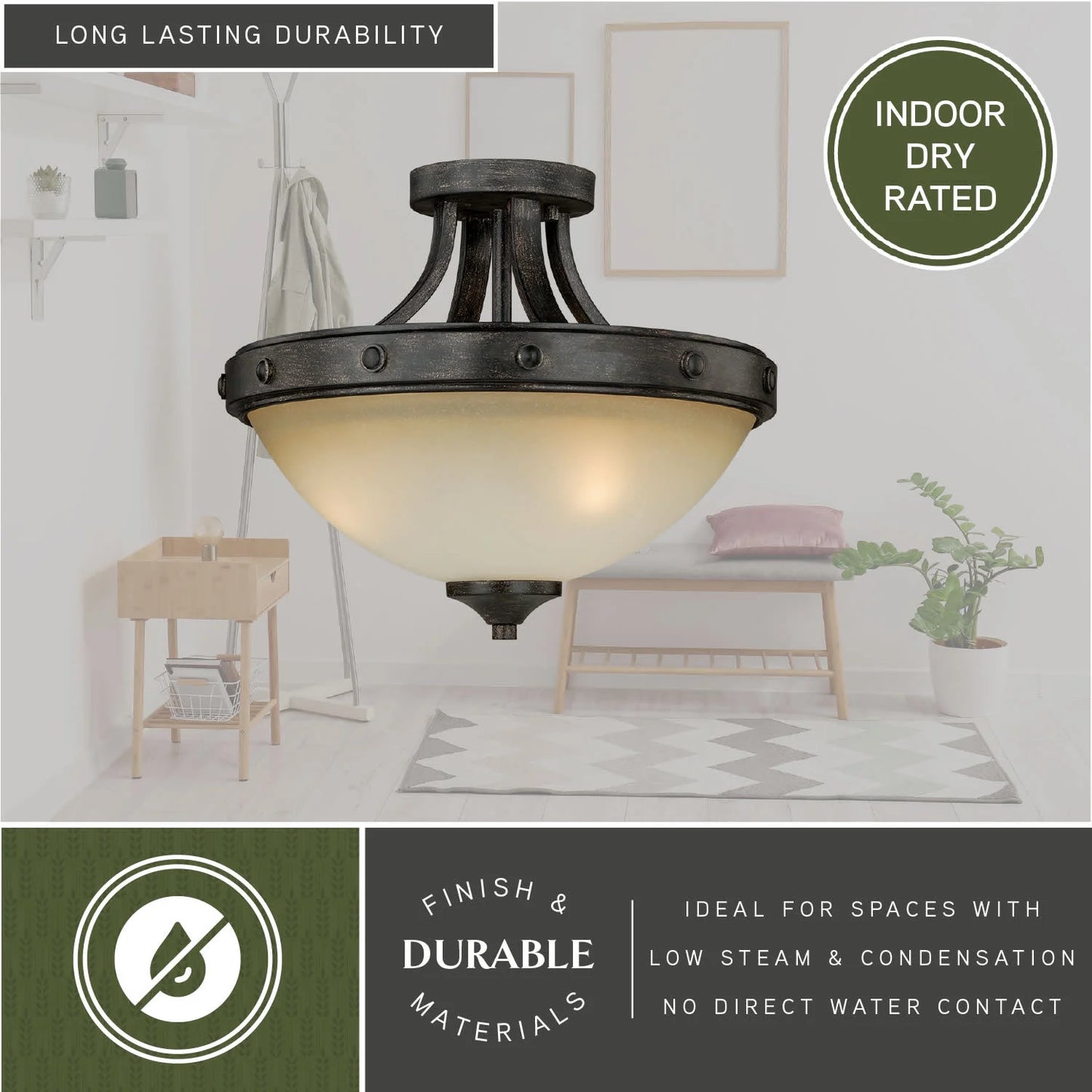 Halifax 14.5-in W Bronze Rustic Bowl Semi Flush Mount Ceiling Light Cream Glass