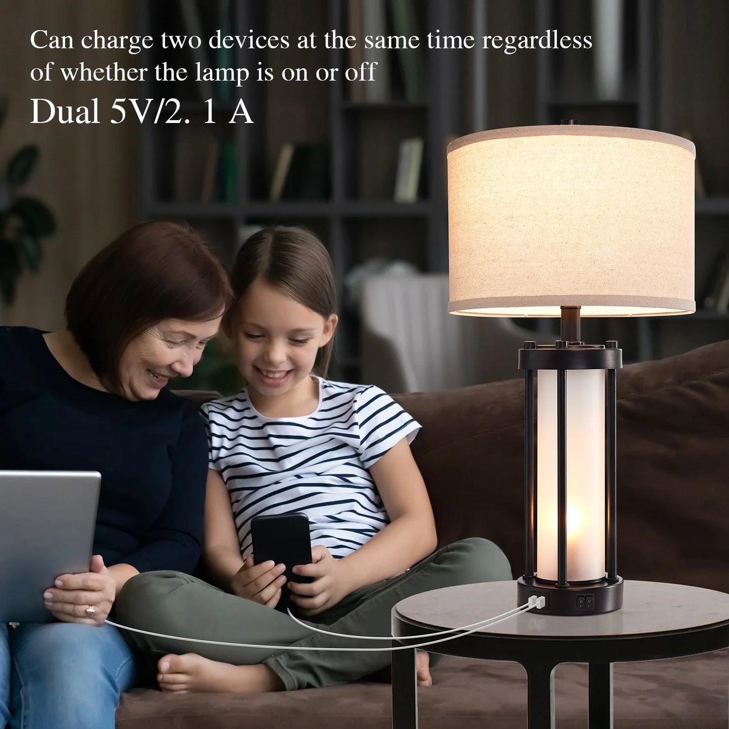 RORIA 24° F Modern Living Room Table Lamp 2-Piece Set with 2 USB Charging Ports, Built-in White Frosted Glass with Night Light, Black Vintage Rustic Farmhouse Lamp for Bedroom Nightstand Lamps