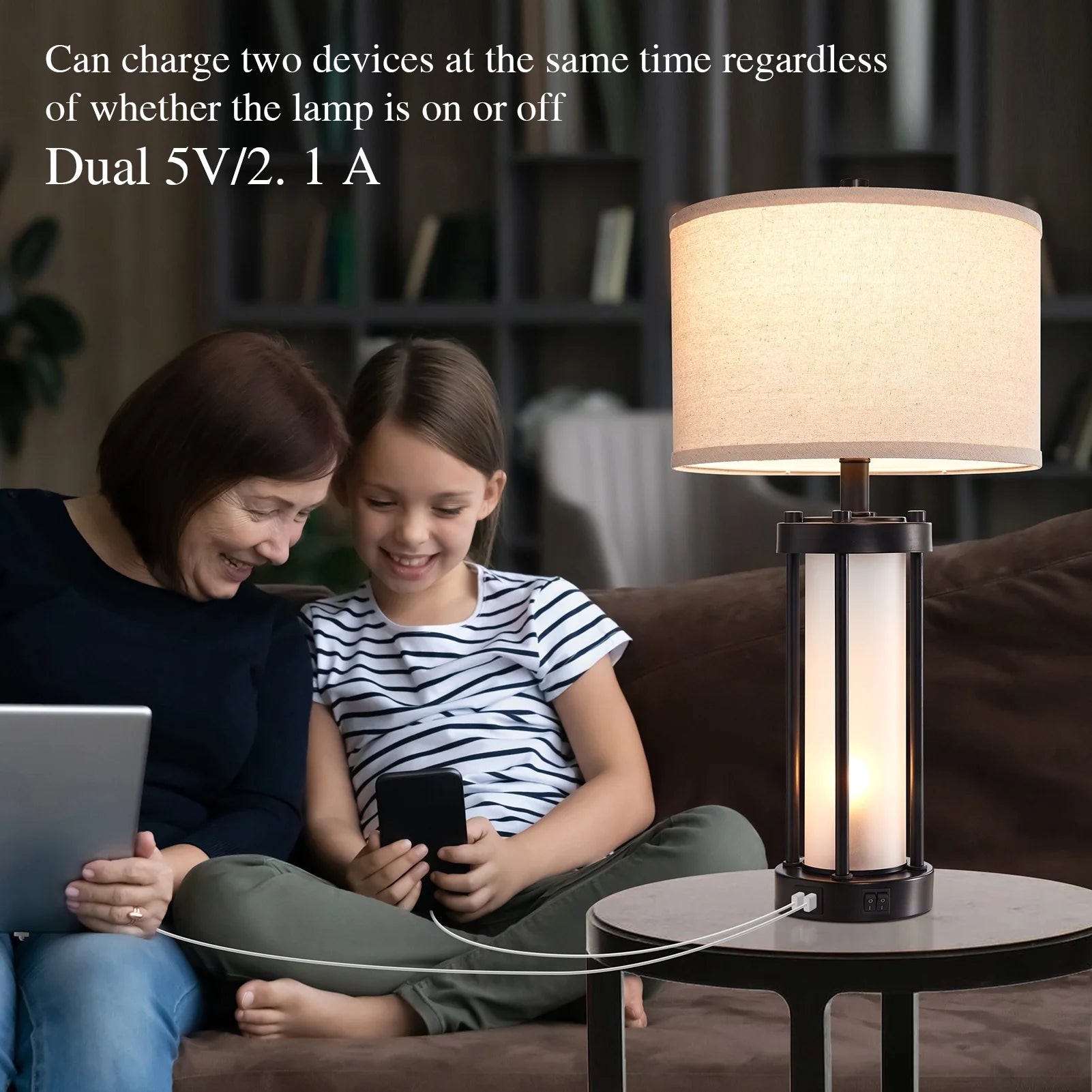 RORIA 24° F Modern Living Room Table Lamp 2-Piece Set with 2 USB Charging Ports, Built-in White Frosted Glass with Night Light, Black Vintage Rustic Farmhouse Lamp for Bedroom Nightstand Lamps