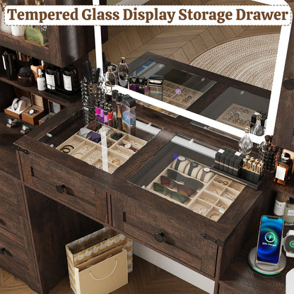 ANPOO 60" Farmhouse Vanity Desk with Outlet, Mirror Lights, Tempered Glass Top, Big Makeup Vanity Table with 2 RGB Glass Cabinets, 60000-color LED Lights, Wood Makeup Desk for Women, Girls, Brown