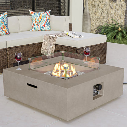 COSIEST 35" Square Concrete Fire Pit Table with Fire Glass & Wind Guard
