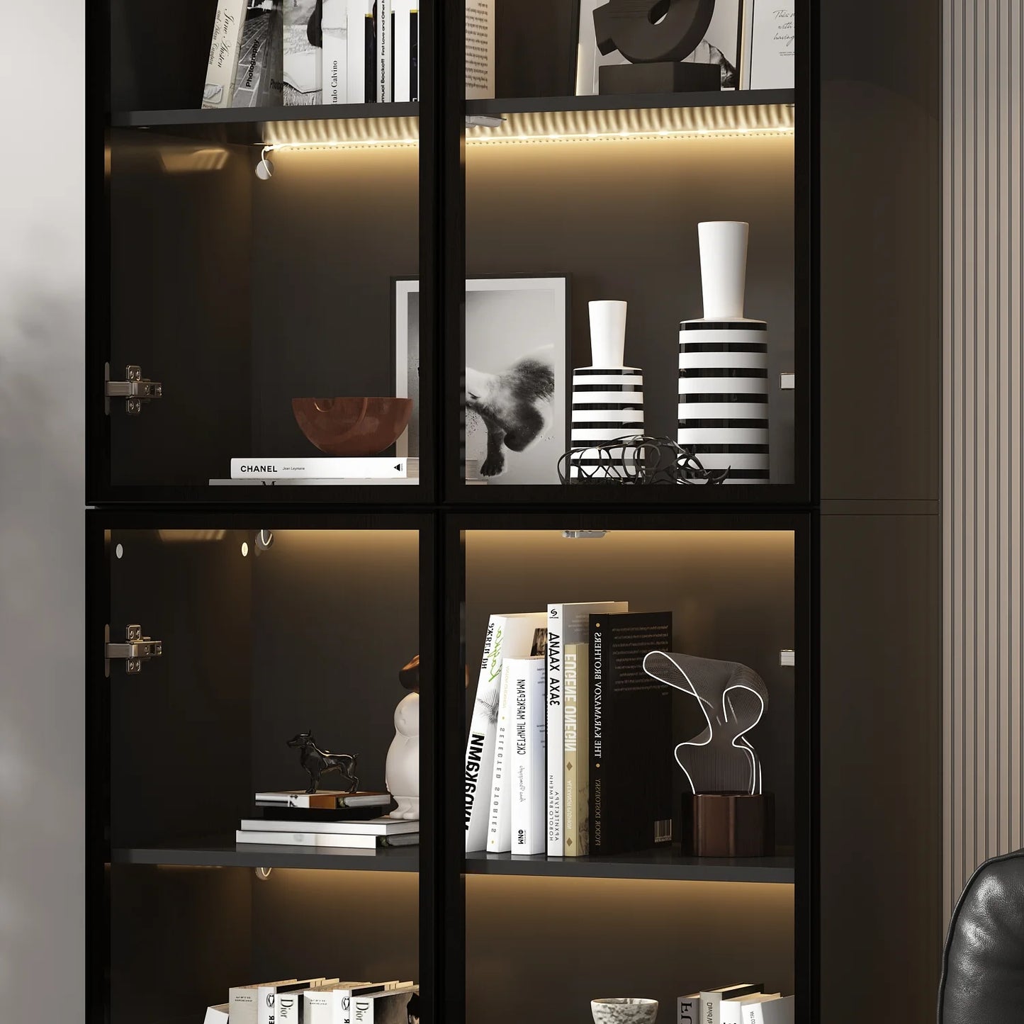 KULAGAGA Bookcases Organizer with LED Lights, Heavy Duty Display Cabinet with Glass Door for Living Room, 31.5" Wide