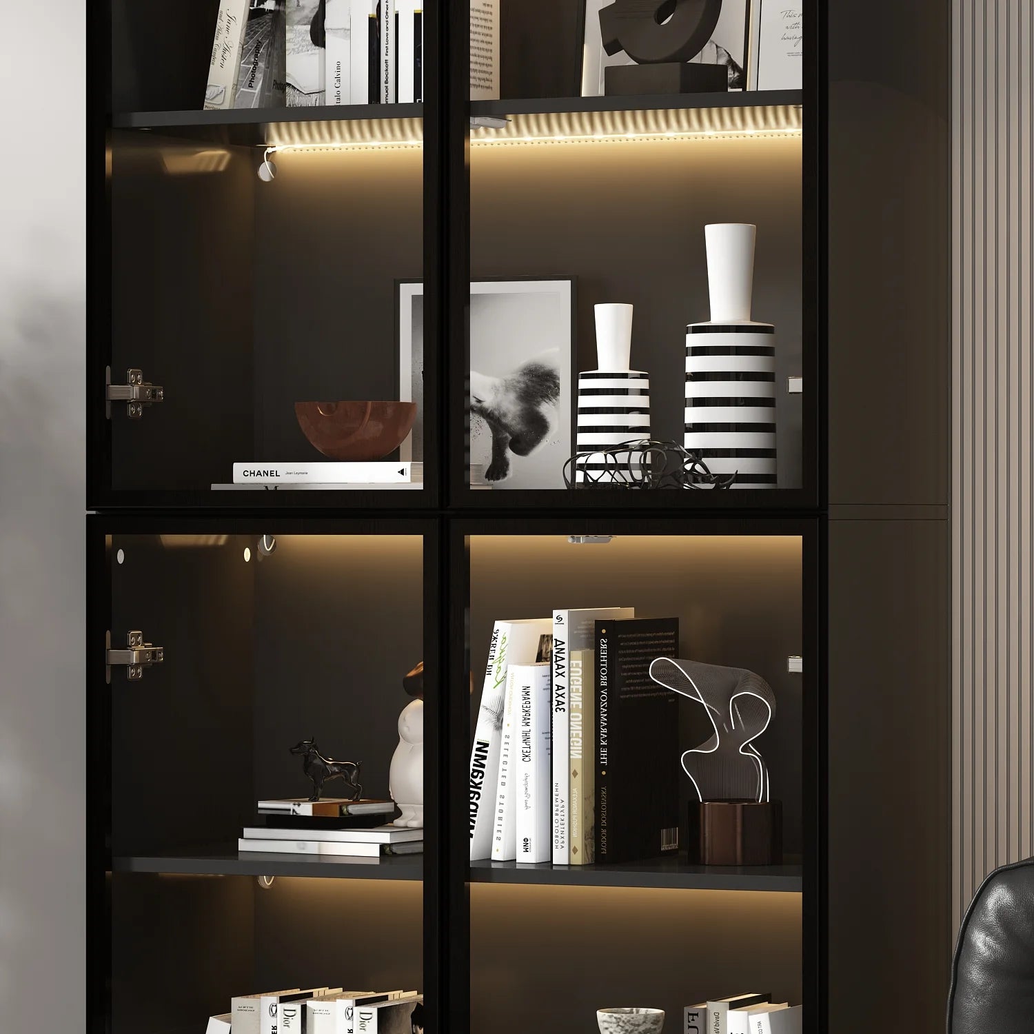 KULAGAGA Bookcases Organizer with LED Lights, Heavy Duty Display Cabinet with Glass Door for Living Room, 31.5" Wide
