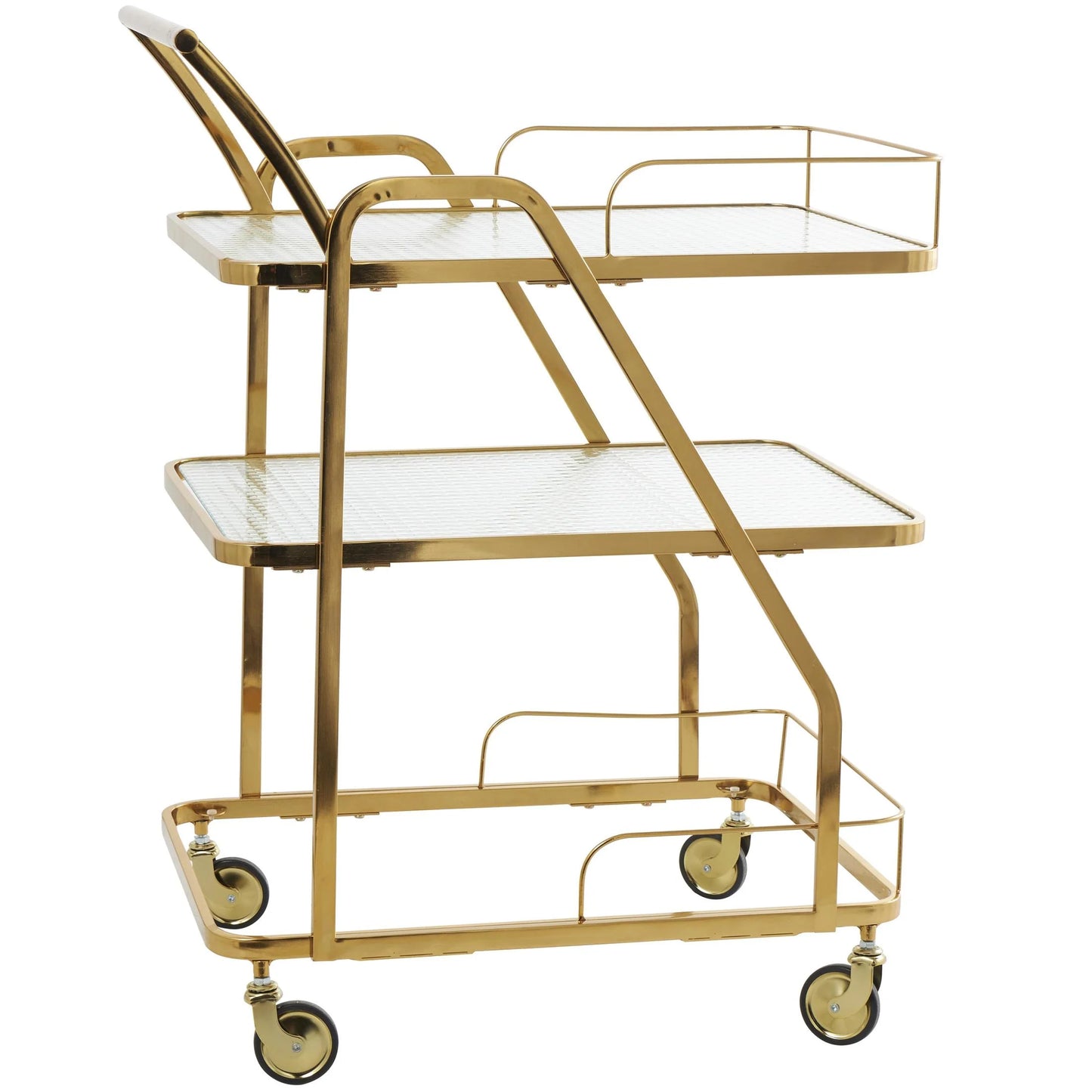 DecMode 27" x 35" Gold Metal Rolling Glass Shelf 3 Tier Bar Cart with Side Guards and Handle, 1-Piece