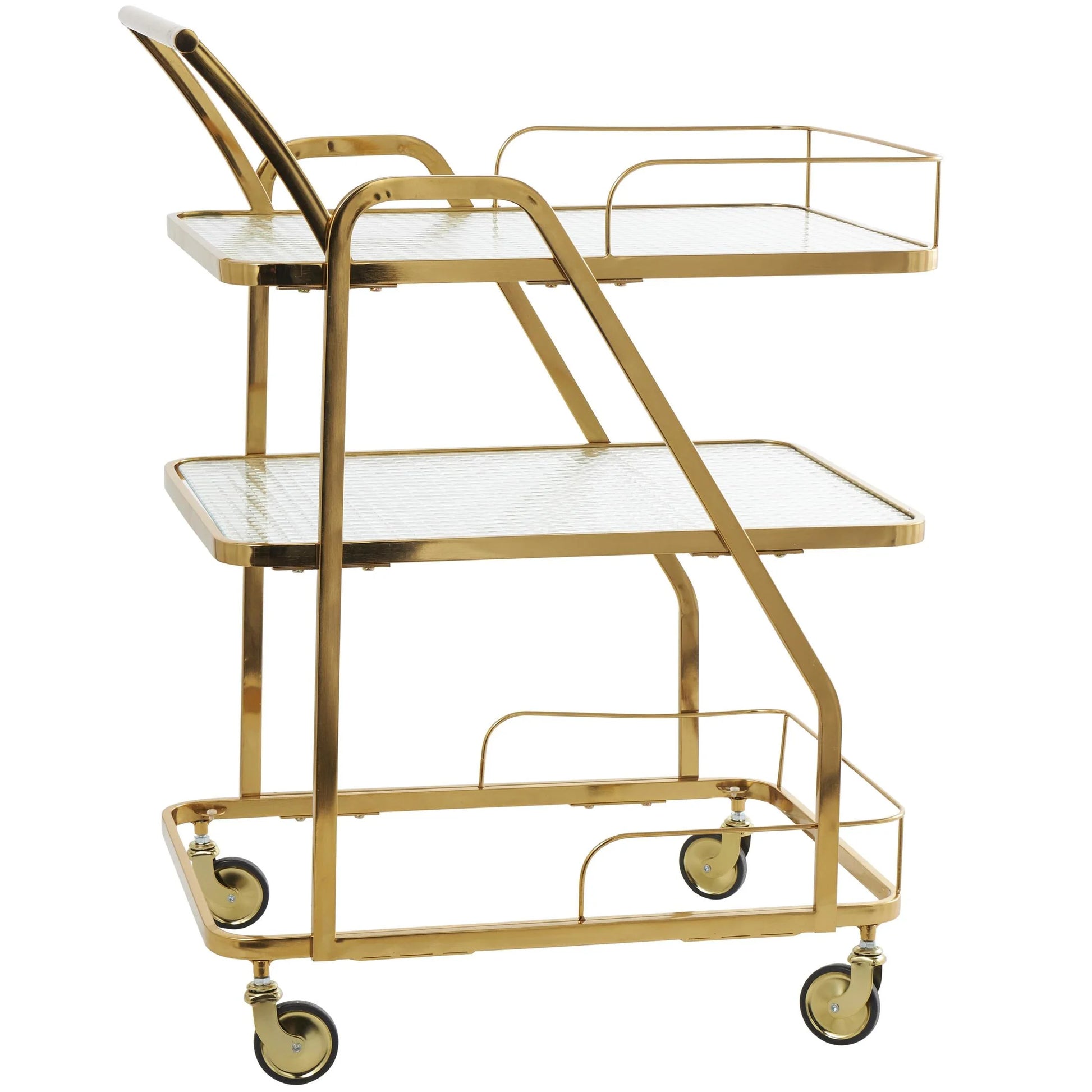 DecMode 27" x 35" Gold Metal Rolling Glass Shelf 3 Tier Bar Cart with Side Guards and Handle, 1-Piece