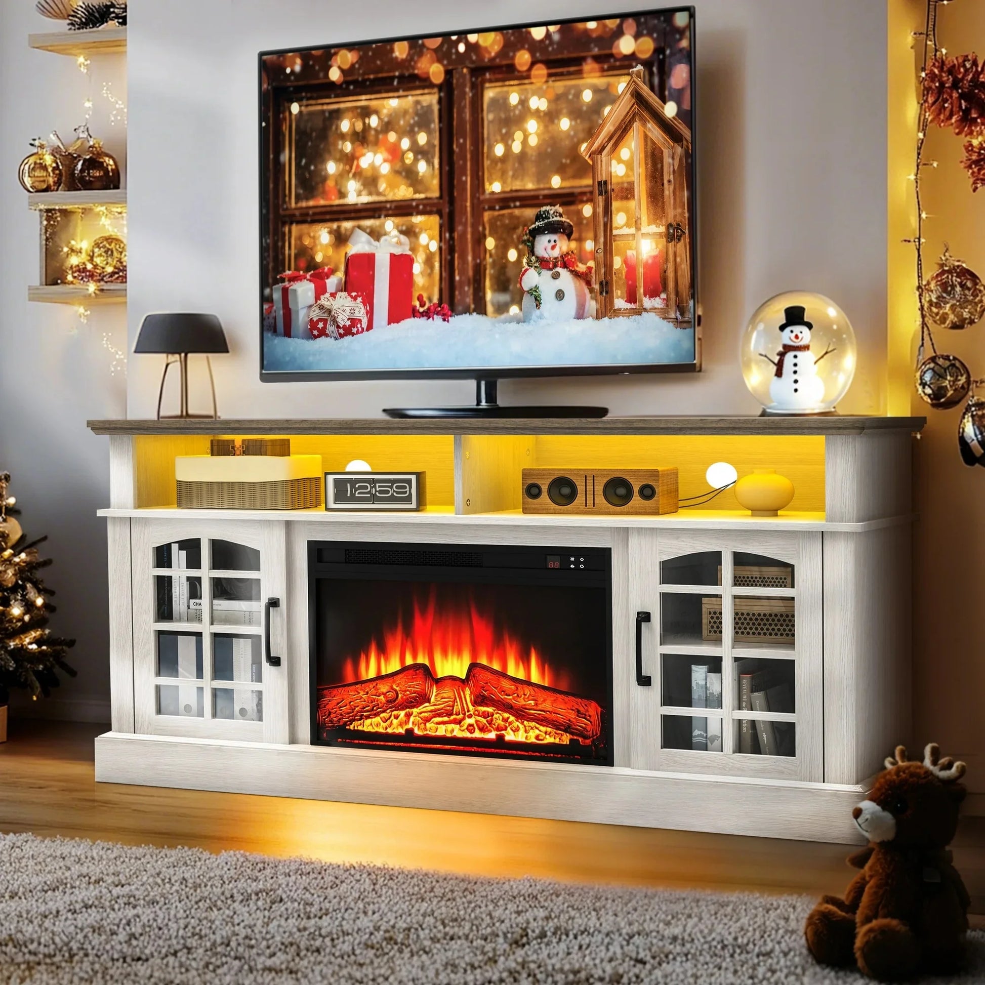 SYNGAR Fireplace Electric TV Stand for 65" TV with LED Light, Modern Entertainment Center With Remote Control Virtual Flame Fireplace, 2 Cabinet Storage, Glass Door, Storage Shelves, Brown