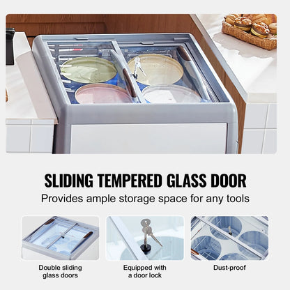 KFFKFF Professional Ice Cream Showcase, 5.6 Cubic Feet Storage Freezer, Portable Transparent Lid Deep Freezer, Diner Gelato Storage Cabinet with 4 Spacious Tubs, Dual Slide Glass Doors, Secure Wheels