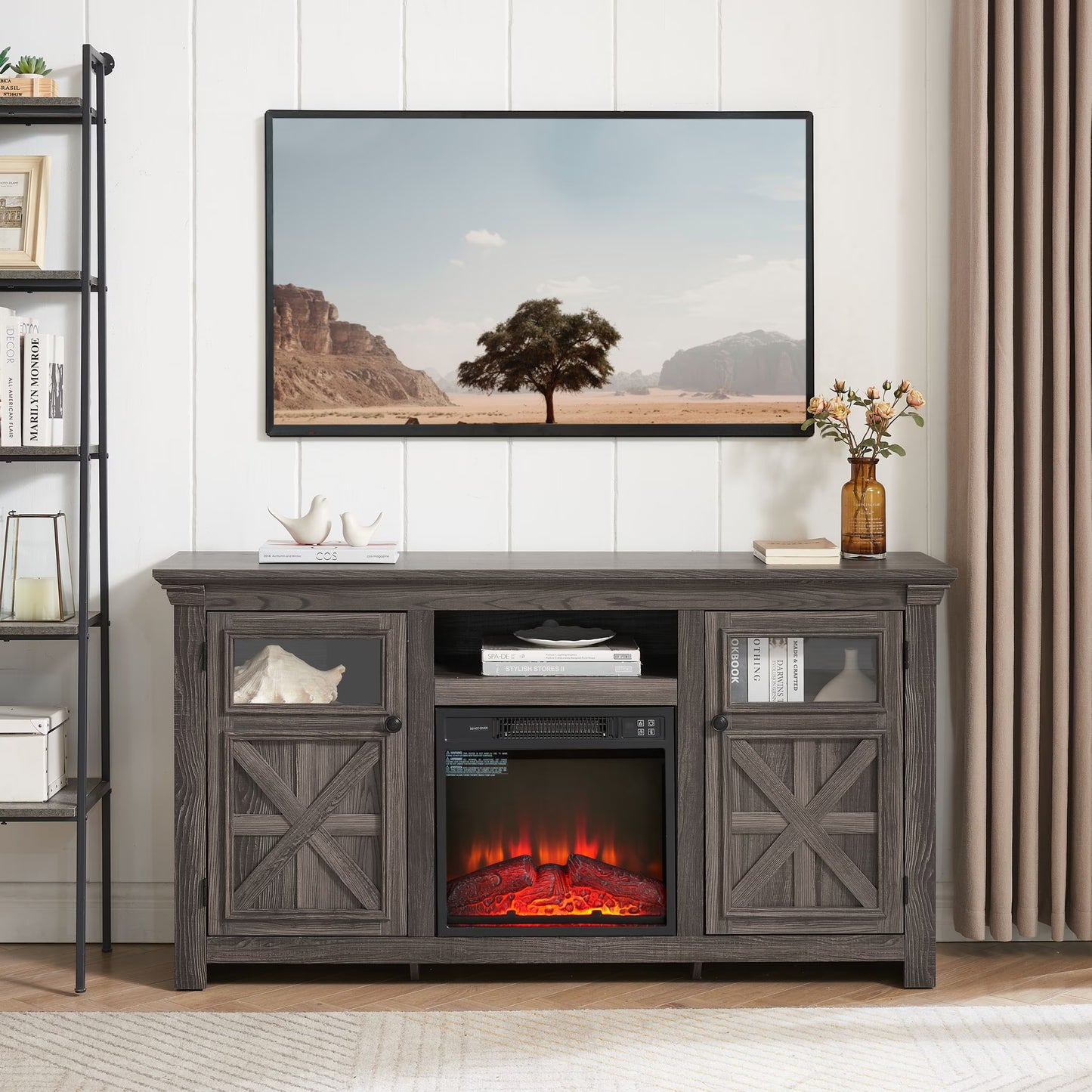 60" Farmhouse Fireplace TV Stand for TVs up to 70 inch, Entertainment Center with 18" Electric Fireplace,Rustic TV with Glass Barn Doors for Living Room, Adjustable Shelf