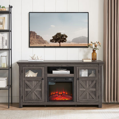 60" Farmhouse Fireplace TV Stand for TVs up to 70 inch, Entertainment Center with 18" Electric Fireplace,Rustic TV with Glass Barn Doors for Living Room, Adjustable Shelf