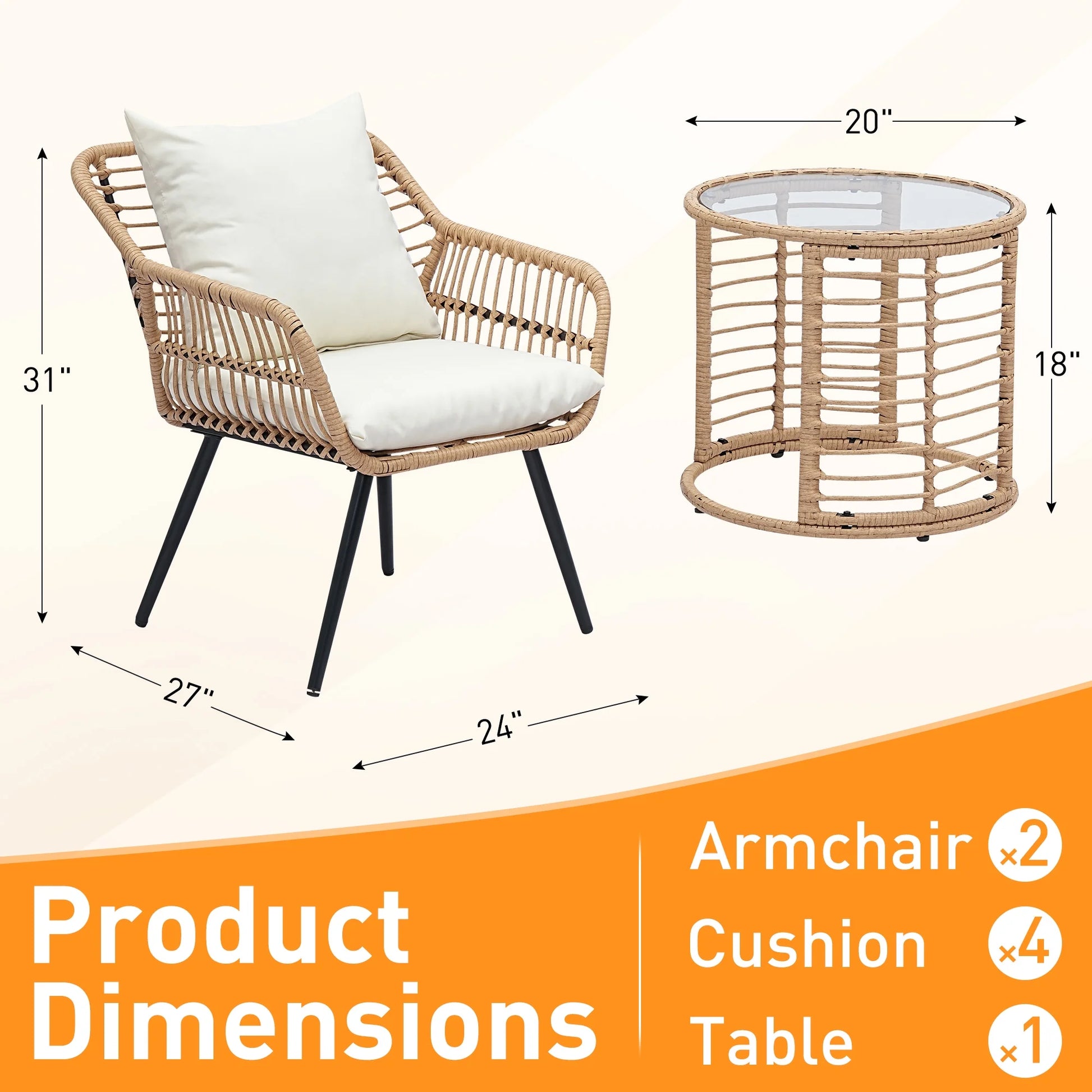 Ainfox 3-Piece Steel Outdoor Bistro Sets with Metal Chairs and Glass Top Table, Beige