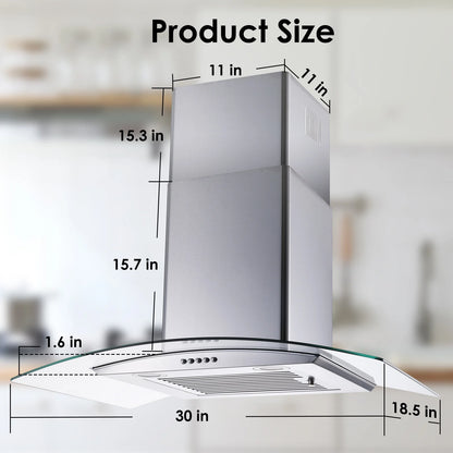 30 inch 450CFM Wall Mount Range Hood Tempered Glass 3-Speed Fan Button Control Baffle Filters