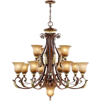 13 Light Verona Bronze Chandelier with Rustic Art Glass Shade