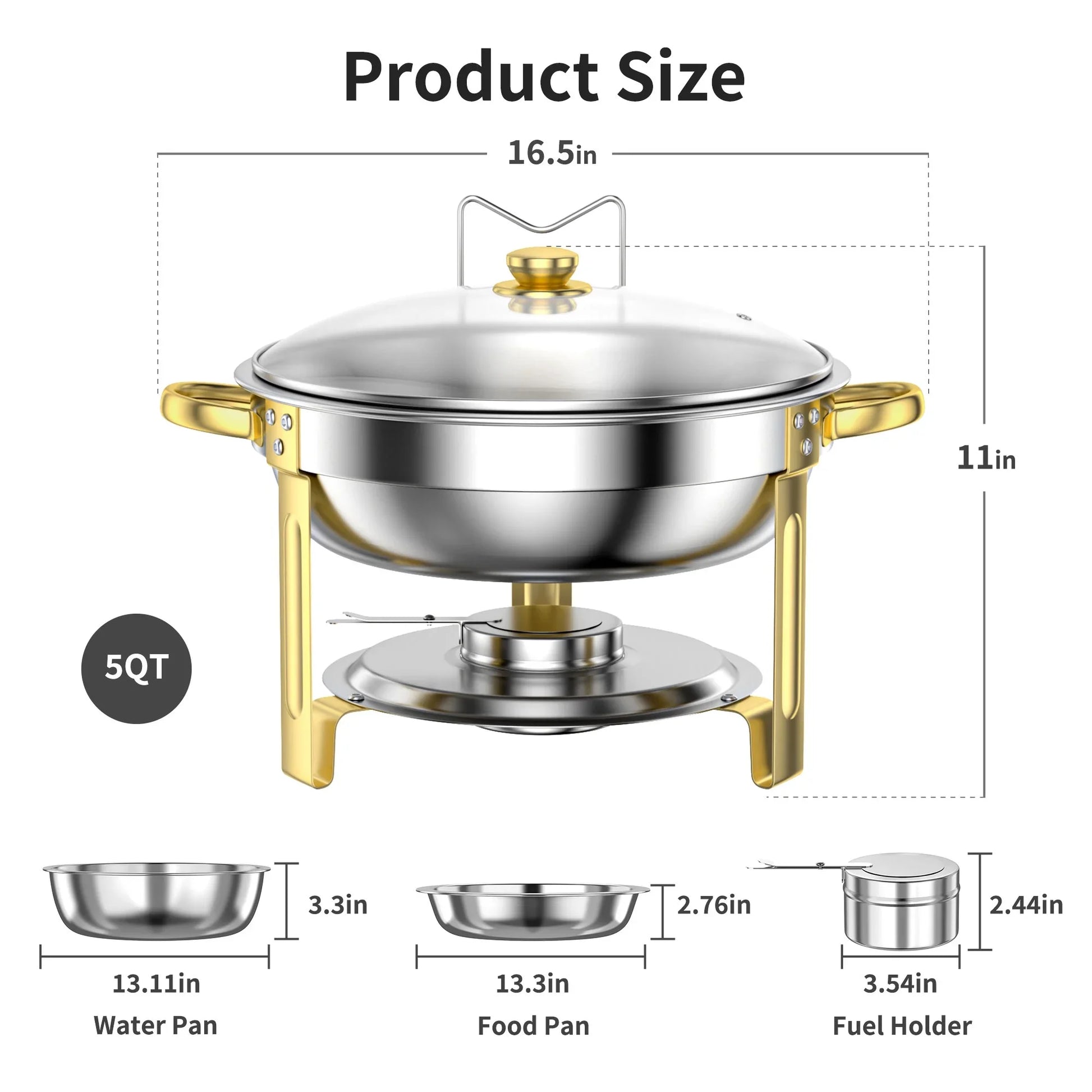 Chafing Dish Buffet Set 4 Pack: TINANA 5QT Stainless Steel Chafing Dishes with Glass Lid & Lid Holder, Round Food Warmers for Parties, Events, Wedding-Gold