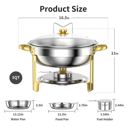 Chafing Dish Buffet Set 4 Pack: TINANA 5QT Stainless Steel Chafing Dishes with Glass Lid & Lid Holder, Round Food Warmers for Parties, Events, Wedding-Gold