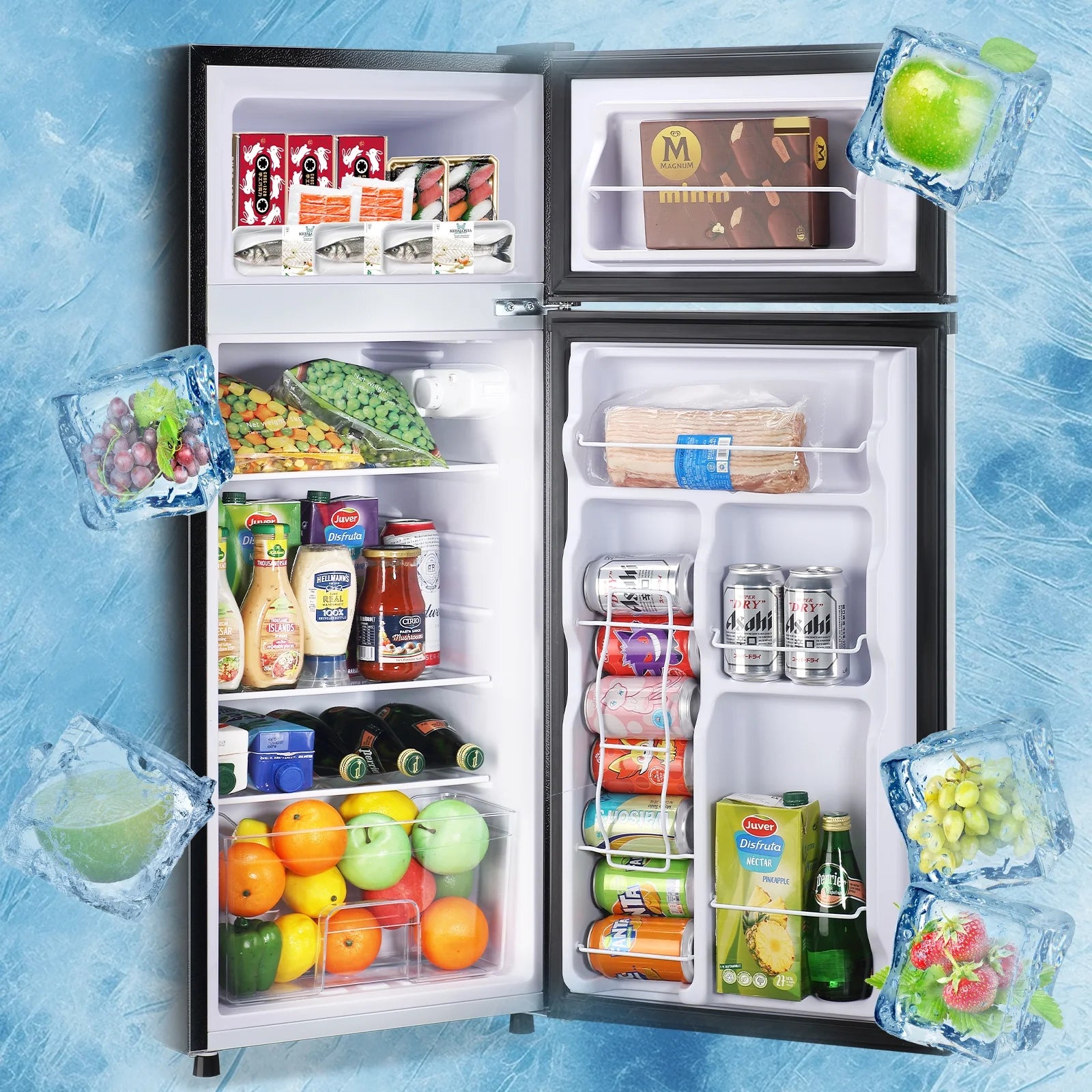 DEMULLER 4.5 Cu.ft Small Refrigerator Mini Fridge with Double Door 3 Removable Glass Shelves Black