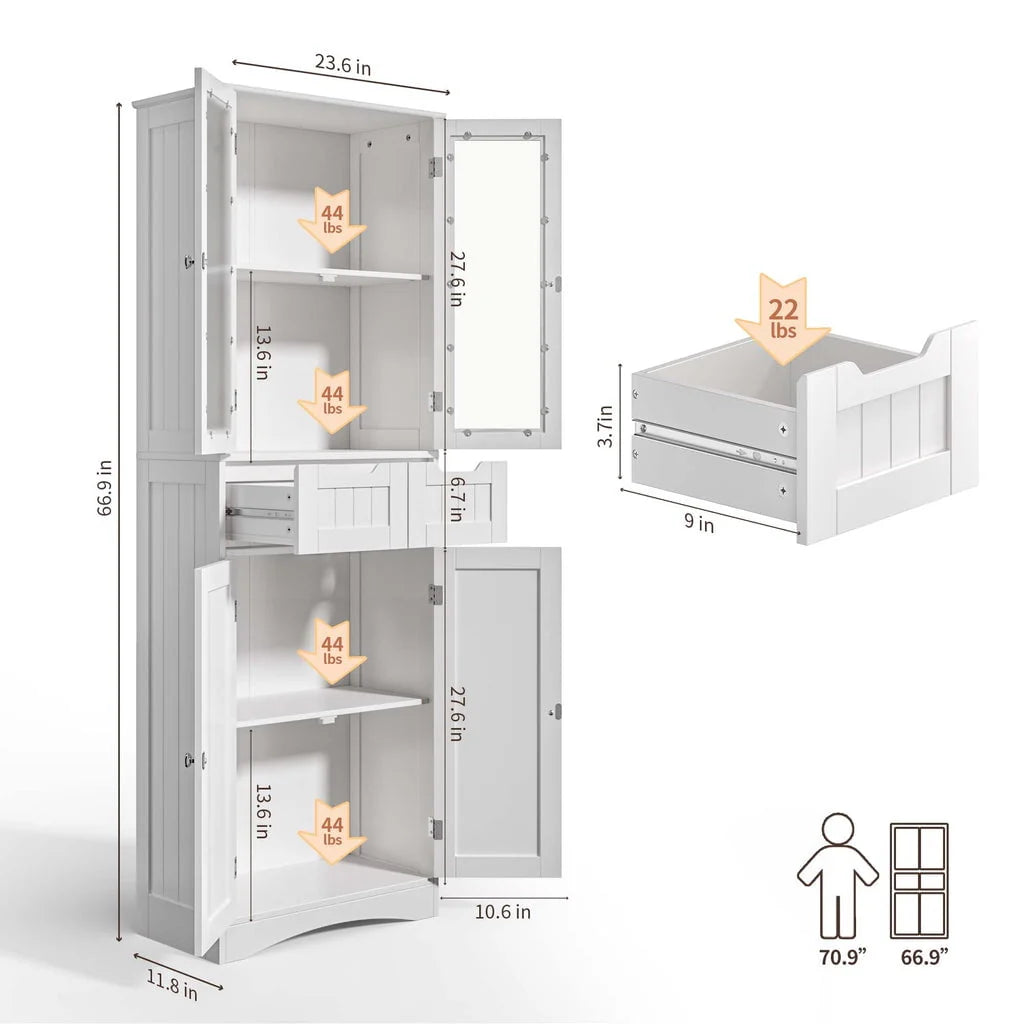 Aiho 66.9 "H Kitchen Pantry Storage Cabinet with 2 Drawers and Glass Doors for Kitchen - White