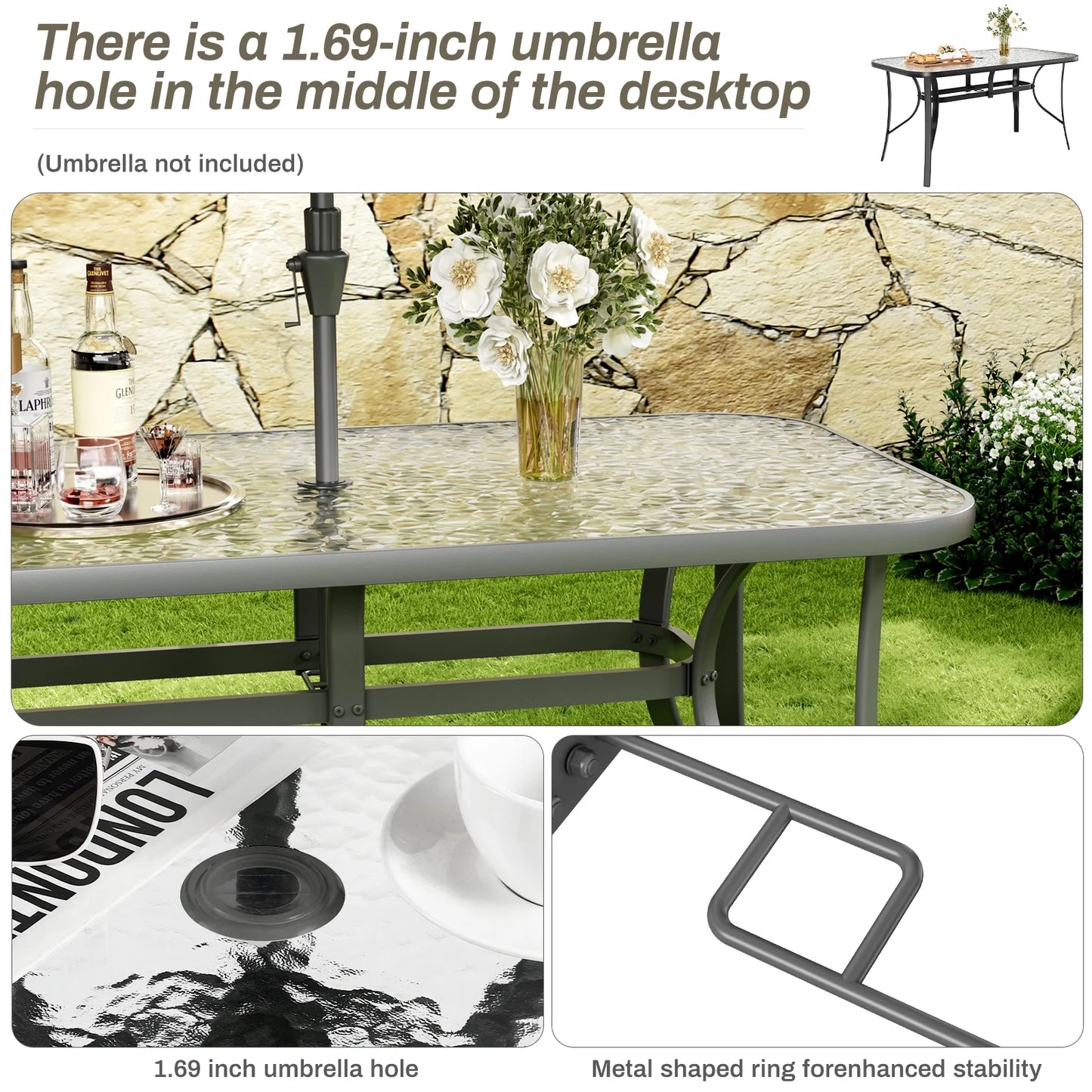 Arlopu Patio Rectangular Tempered Glass Dining Table, All-Weather Use, Outdoor Table for Garden & Backyard