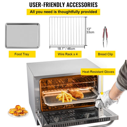 KFFKFF Commercial Convection Oven, 66L/60Qt, Half-Size Conventional Oven Countertop, 1800W 4-Tier Toaster with Front Glass Door, Electric Baking Oven with Trays Wire Racks Clip Gloves, 120V
