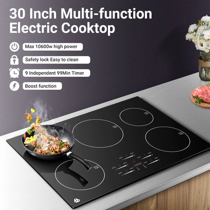Sunmaki 30-Inch Electric Cooktop, 5-Burner Built-in Ceramic Glass Stove Top with Touch Control, 10600W