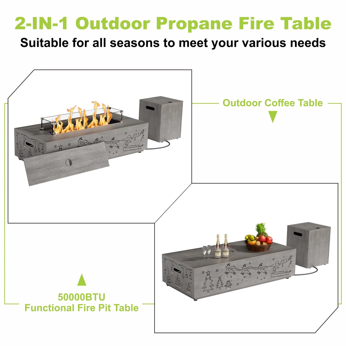 Evita 42" Propane Fire Pits for Outdoor 50,000 BTU Gas Fire Pit Table with Lid ,Glass stone,Windguard Glass,Tank Cover,LED Light Strip