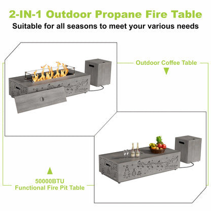 Evita 42" Propane Fire Pits for Outdoor 50,000 BTU Gas Fire Pit Table with Lid ,Glass stone,Windguard Glass,Tank Cover,LED Light Strip
