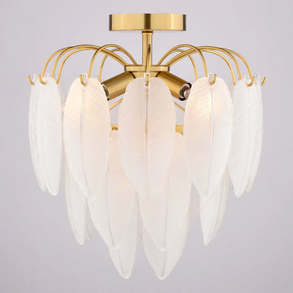 Burbank 4-Light 13.5 in. Wide Muted Gold Brass Traditional Waterfall Semi Flush Mount Lighting Fixture, White Frosted Leaf Glass Shade, Dimmable LED Compatible for Low Ceilings