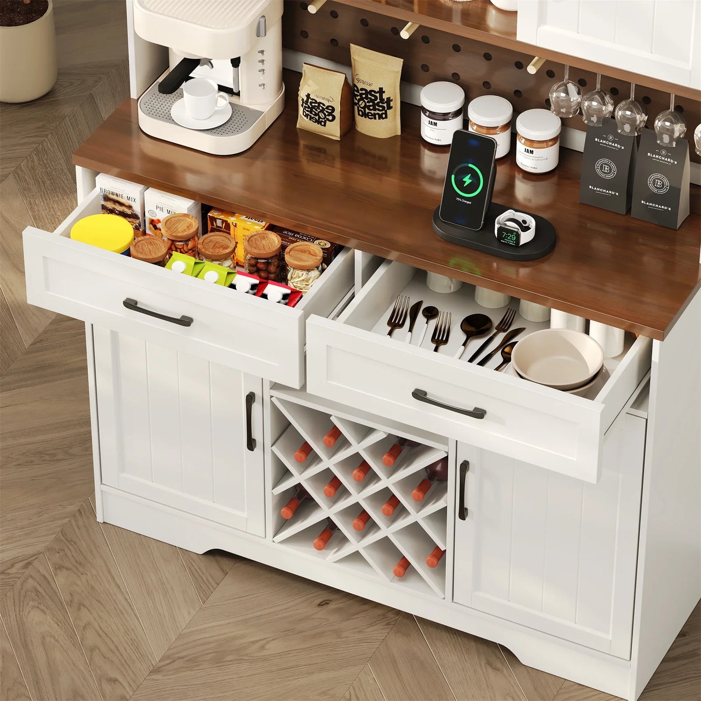 LAFGUR 72" Kitchen Storage Cabinet with Power Outlet & LED Light, Coffee Bar Cabinet with Drawers & Wine Glass Rack,Sideboard for Home,White
