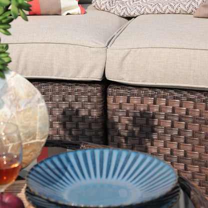 Outdoor Sectional Sofa Set, Half-moon Furniture with Cover, Patio PE Wicker Set with Beige Cushions & Tempered Glass Coffee Table, 5-Piece