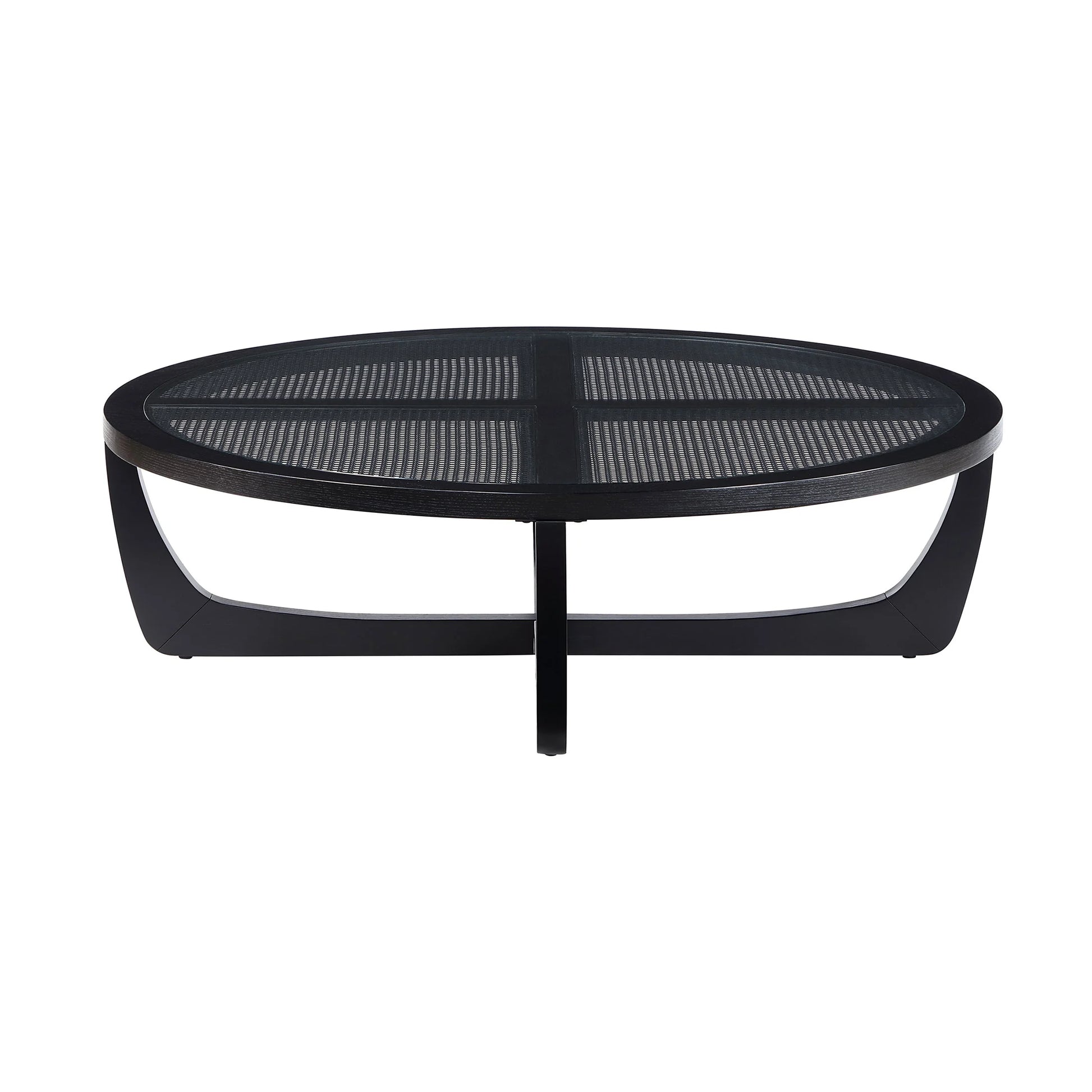 Beautiful by Drew Barrymore Round Rattan and Glass Top Coffee Table, Black
