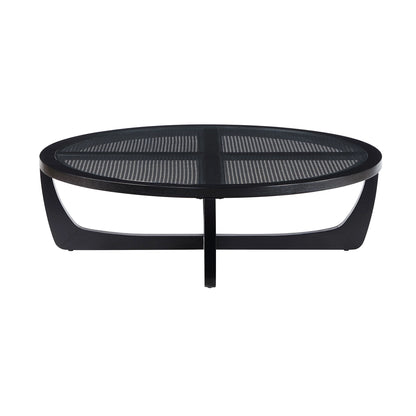 Beautiful by Drew Barrymore Round Rattan and Glass Top Coffee Table, Black