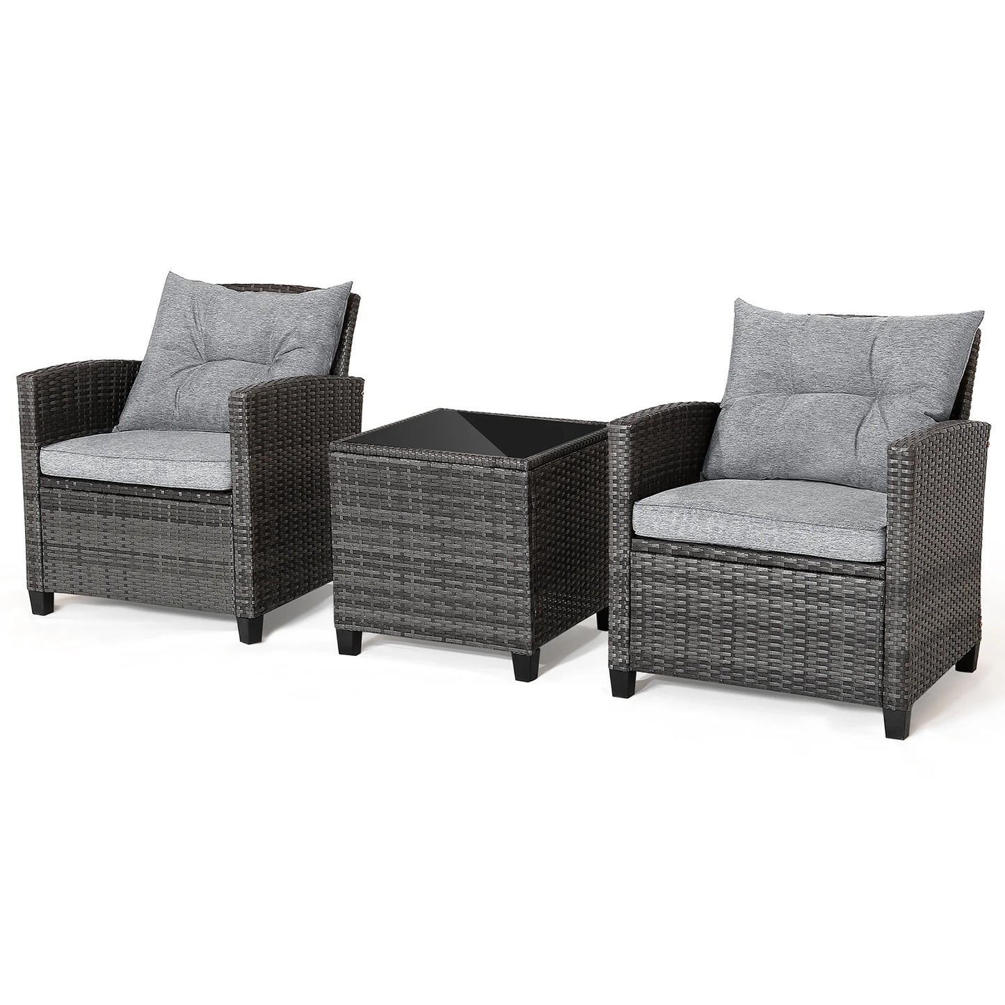 Gymax 3PCS Patio Rattan Sofa Set Outdoor Wicker Conversation Set Glass Tabletop w/Grey Cushion