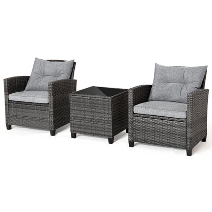 Gymax 3PCS Patio Rattan Sofa Set Outdoor Wicker Conversation Set Glass Tabletop w/Grey Cushion