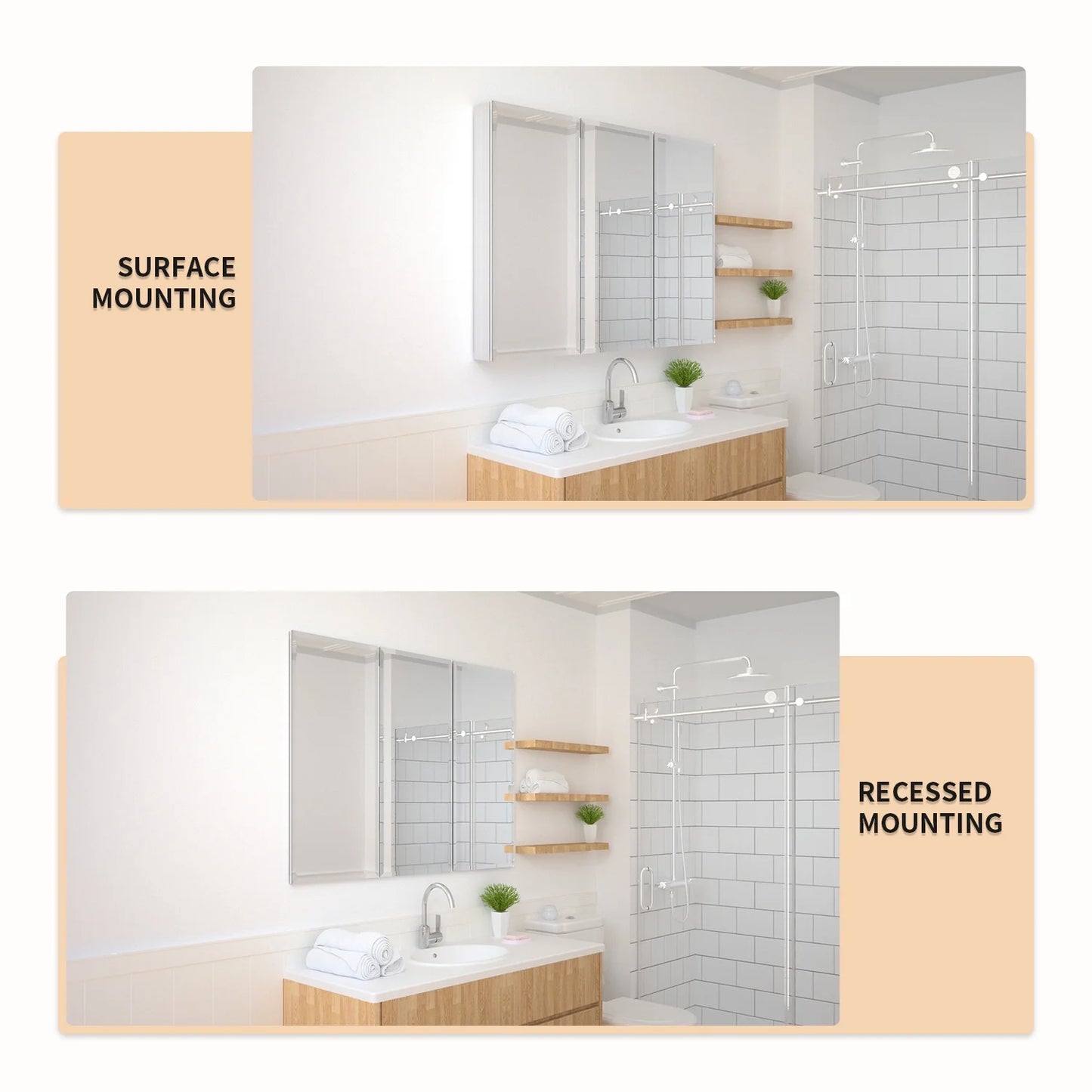 Taimei 48" W x 36" H x 4°?D Aluminum Medicine Cabinet with Three(3) Frameless Beveled Mirror Doors, Interior Mirrors,Color Satin, Adjustable 3 Glass Shelves, Soft Closure. By: FOCA US