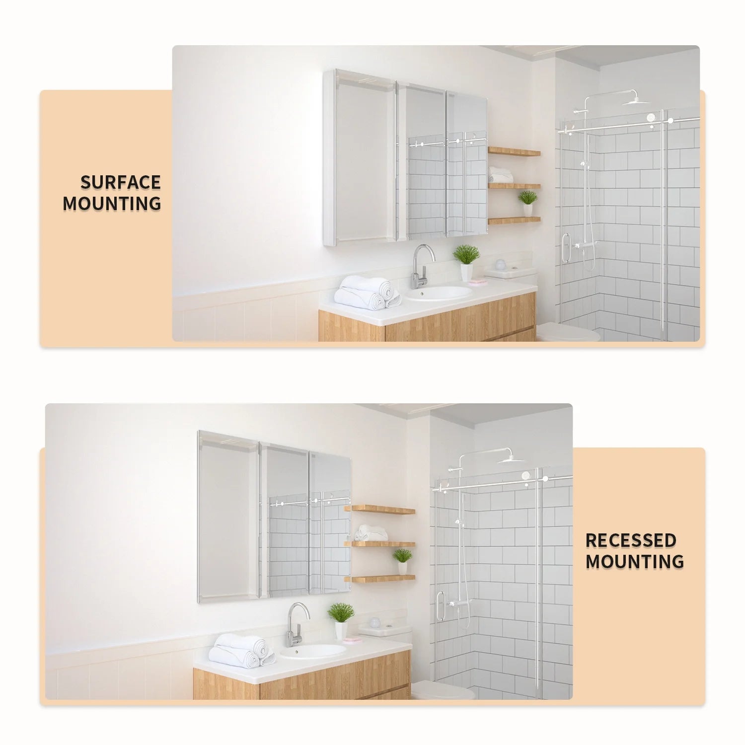 Taimei 48" W x 36" H x 4°?D Aluminum Medicine Cabinet with Three(3) Frameless Beveled Mirror Doors, Interior Mirrors,Color Satin, Adjustable 3 Glass Shelves, Soft Closure. By: FOCA US