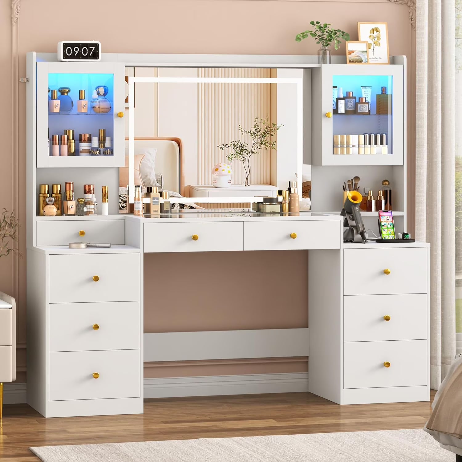 Blotout 62'' Large Vanity Desk w/60000-color LED Lights, Tempered Glass Top, Power Outlet, Makeup Vanity Table w/3 Lights Mode Mirror, 9 Drawers, 2 RGB Cabinets, LED Dressing Table for Girls, Women