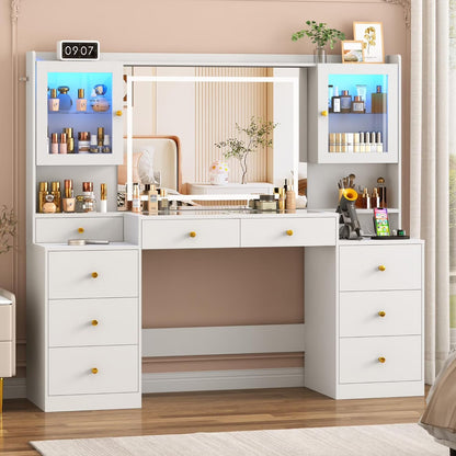 Blotout 62'' Large Vanity Desk w/60000-color LED Lights, Tempered Glass Top, Power Outlet, Makeup Vanity Table w/3 Lights Mode Mirror, 9 Drawers, 2 RGB Cabinets, LED Dressing Table for Girls, Women