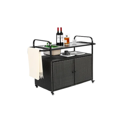Yiweny Outdoor Rolling Wicker Bar Cart, Large Portable Outdoor Wicker Bar Table with Cabinet Storage and Glass Countertop, Patio Wicker Serving Bar Cart for Pool, Party, Backyard, Black